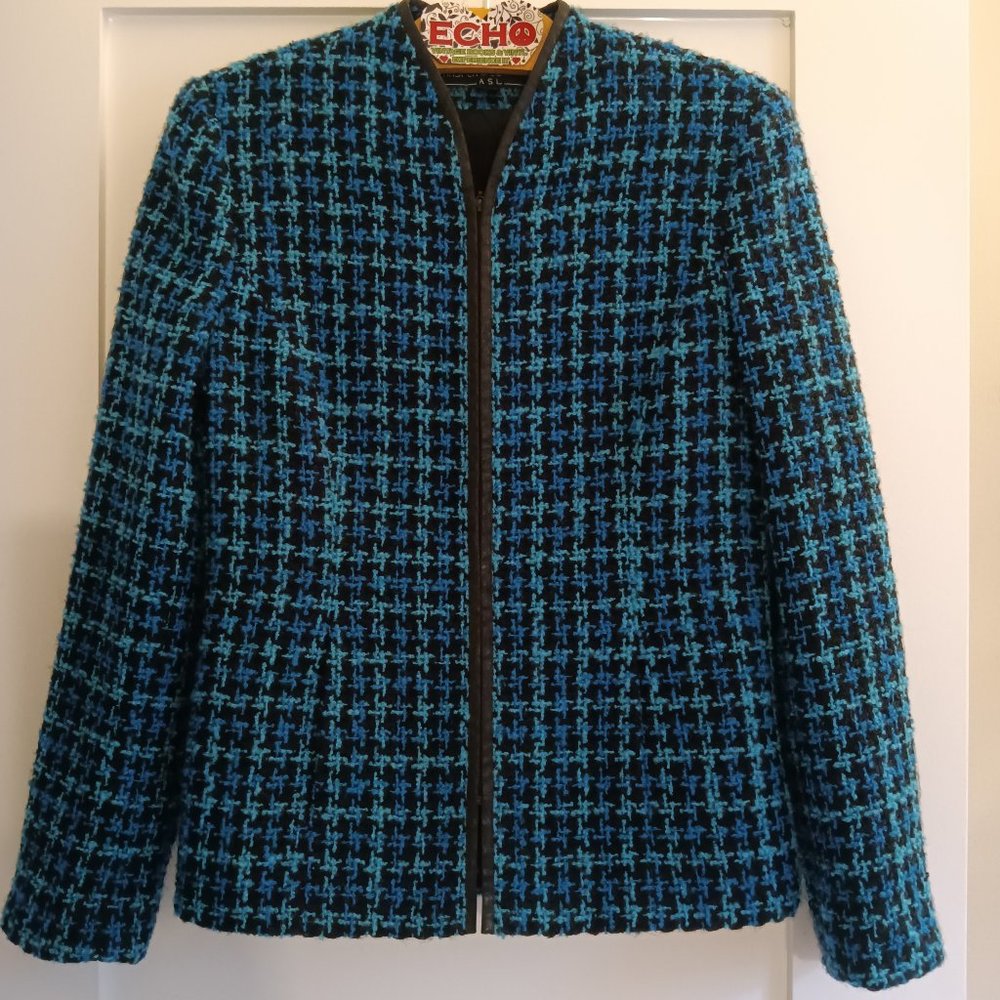KASPER Chanel Style Teal Tweed Houndstooth Wool Blazer